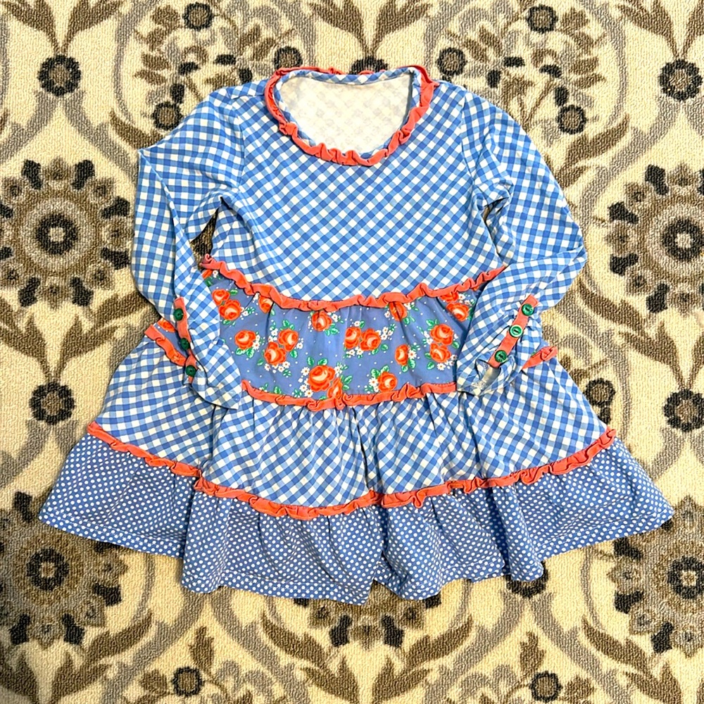 Shrimp and Grits Toddler Girls Dress Long Sleeve Floral Gingham Dots 2T 3T EUC